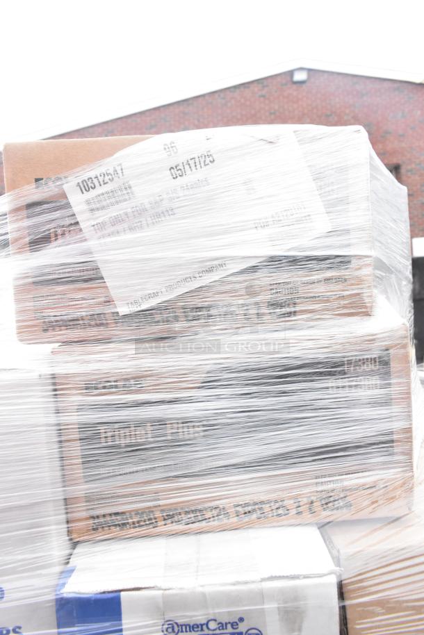 Shrink-wrapped pallet of 68 new scratch and dent items, including Americare containers, WinCup lids, and Ecolab Triplet Plus.