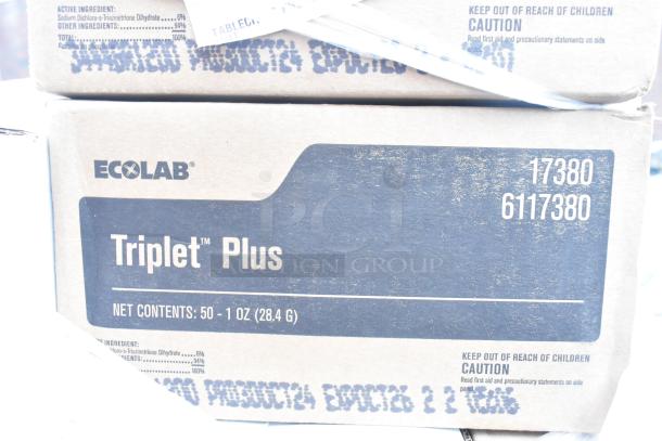 Ecolab Triplet Plus box containing 50 1oz packs. Displaying label and cautionary text.