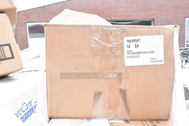 Cardboard box labeled with "10236587, 14 EA", containing Americare containers, WinCup lids, compostable knives, digital timer, Cambro shelf, Ecolab cleaner.