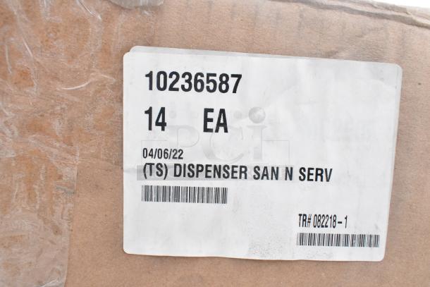 Label on cardboard box reads "10236587, 14 EA, 04/06/22, (TS) Dispenser San N Serv," indicating inventory details.
