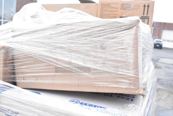 Bulk pallet of 68 scratch-and-dent items, shrink-wrapped. Contains Americare containers, biodegradable lids, compostable knives, digital timer, Cambro drain shelf, Ecolab Triplet Plus.