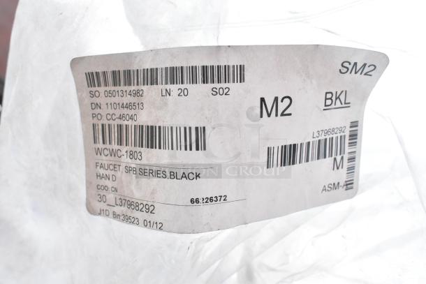 Label for a black SPB Series faucet by an unknown brand, showing various serial numbers and barcodes.