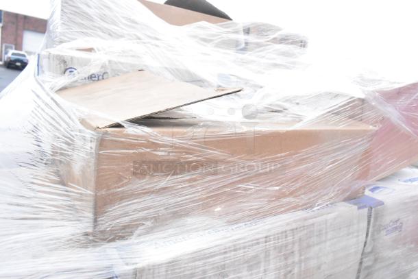 Wrapped pallet of 68 new scratch and dent items including Americare containers, WinCup lids, World Centric knives, and more.