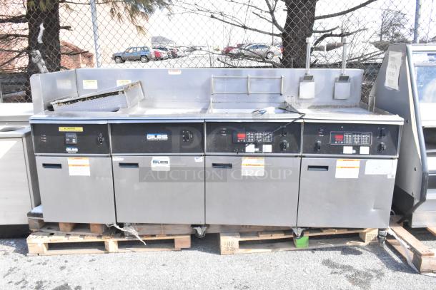 Giles EOF-24 Stainless Steel 3 Bay Fryer with EOF-BIB Dumping Station, 480V, 3 Phase, commercial-grade, used condition.
