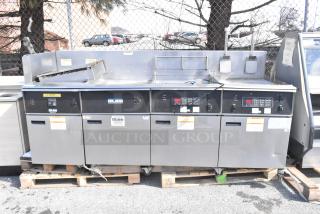 Giles EOF-24 Stainless Steel 3 Bay Fryer with EOF-BIB Dumping Station, 480V, 3 Phase, commercial-grade, used condition.