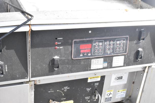 Giles EOF-24 Stainless Steel 3 Bay Fryer with EOF-BIB Dumping Station; control panel shown; 480 Volts, 3 Phase.