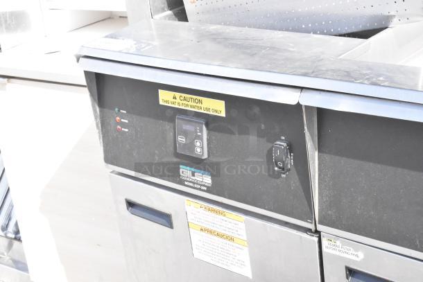 Giles EOF-24 Stainless Steel 3 Bay Fryer with EOF-BIB Dumping Station; electric, 480V, 3-phase; caution labels visible.
