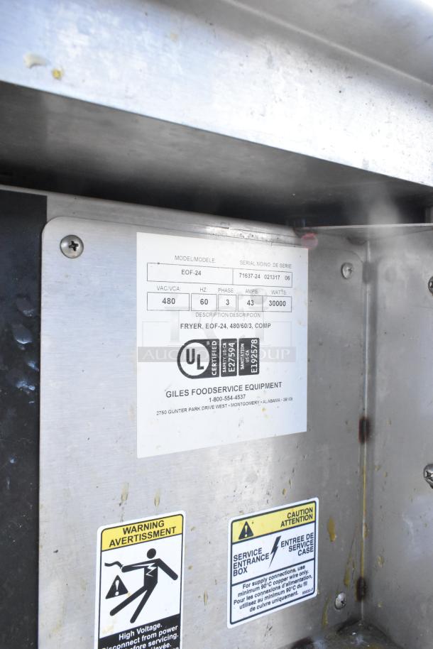 Giles EOF-24 stainless steel commercial fryer with EOF-BIB dumping station, 480V, 3-phase. UL certified label visible.