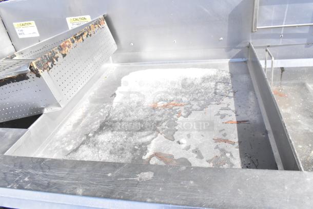 Giles EOF-24 Stainless Steel 3 Bay Fryer with Giles EOF-BIB Dumping Station, visible wear, 480V, 3 Phase.