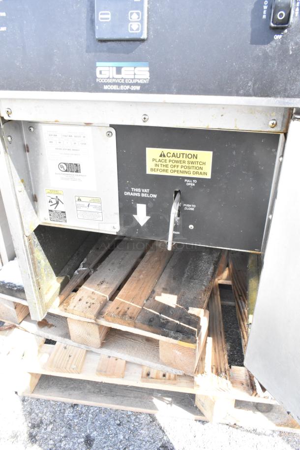 Giles EOF-24 Stainless Steel 3 Bay Fryer with EOF-BIB Station, 480V, 3 Phase, caution and UL labels visible.