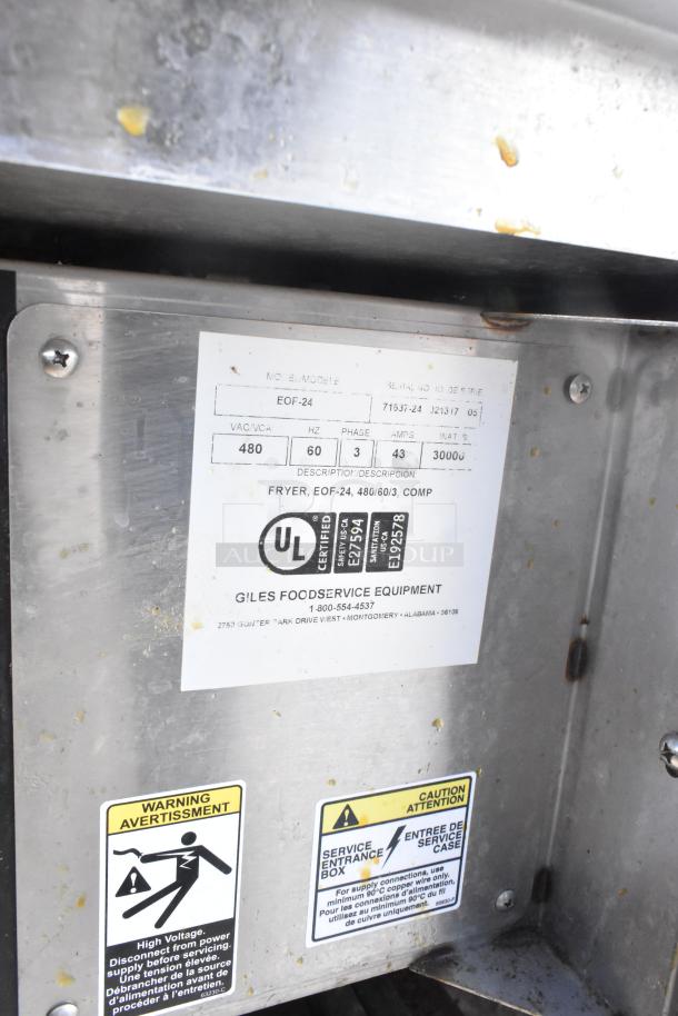 Giles EOF-24 stainless steel electric 3 bay fryer with UL certification label, 480 volts, 3 phase, used condition.