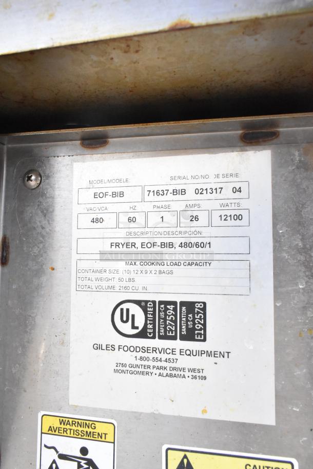 Giles EOF-24 Stainless Steel 3 Bay Fryer with EOF-BIB Dumping Station, 480V 3 Phase. Model details and UL certification visible.