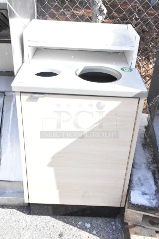 Recycling and trash can shell with two round openings, made of light wood and metal. Includes recycling and trash labels.