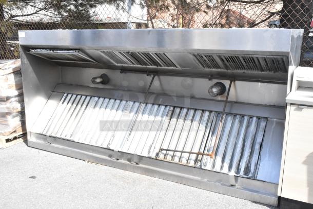 9.5' commercial grease hood with filters and lids. Stainless steel, used, suitable for return air systems.