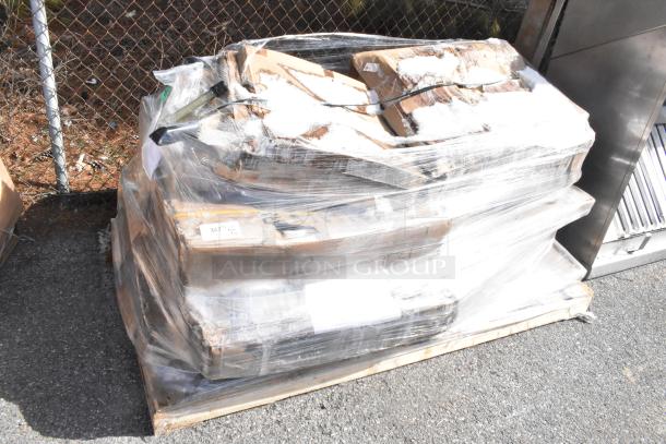 Sealed pallet with 10 brand new scratch and dent items, including blinds and a work table, partially visible through packaging.