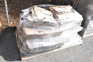Sealed pallet with 10 brand new scratch and dent items, including blinds and a work table, partially visible through packaging.