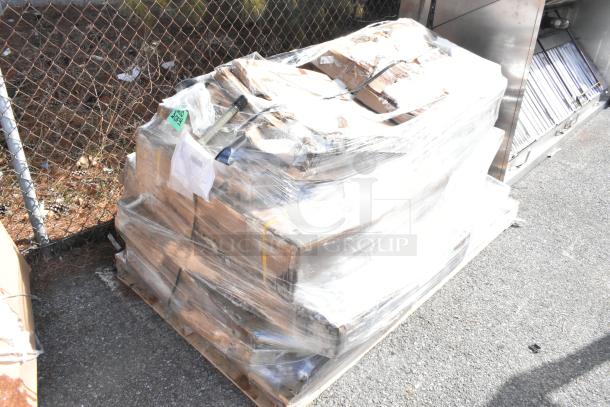 Pallet with 10 scratch-and-dent items, wrapped in plastic, including blinds and work table. Visible labels indicate item conditions.