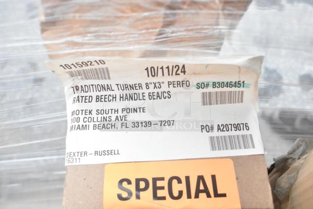 Label on package for Dexter-Russell Traditional Turner with beech handle, 6 per case, dated 10/11/24, Miami Beach address.