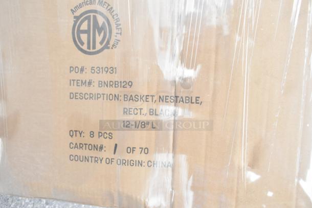 Cardboard box with American Metalcraft logo, item #BNRB129, containing 8 nestable black metal baskets, 12-1/8" L, from China.