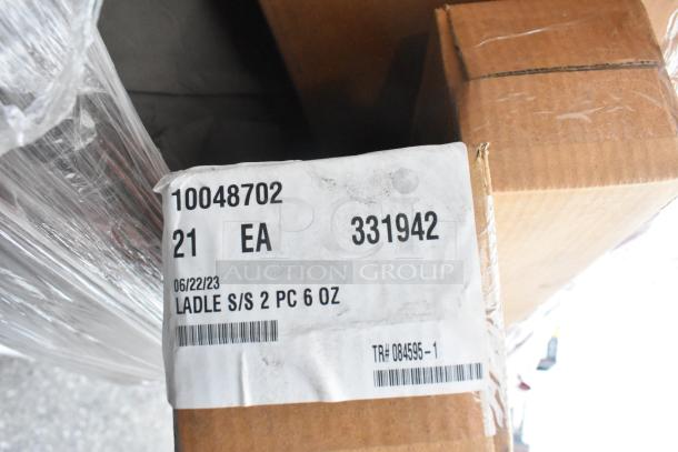 Cardboard box with label indicating contents: stainless steel ladle, 6 oz, 2 pieces, dated 06/22/23, item 10048702.