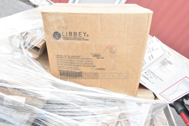 Box of Libbey 12 1/2" Plate Basics Collection, 1 dozen, wrapped on pallet. Marked BW-1100, contains new items.