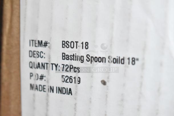Label shows "BSOT-18", description "Basting Spoon Solid 18", quantity 72, and "Made in India".
