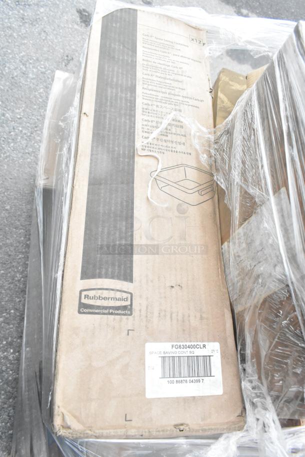 Box of Rubbermaid FG630400CLR 4 Qt. food storage containers, new condition, visible product label and barcode.