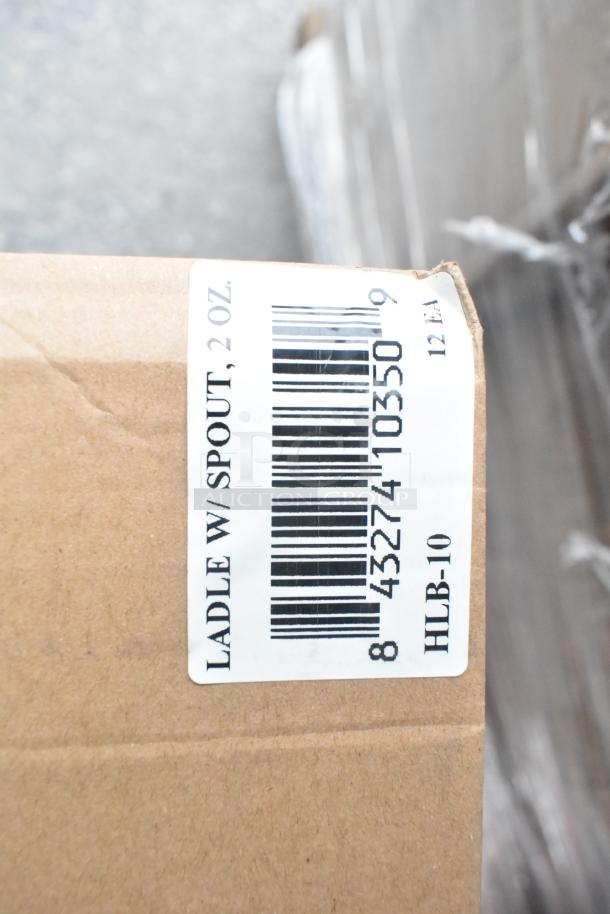 Box with barcode label reading "Ladle w/ Spout, 2 oz, 12 EA, HLB-10." Part of a lot of scratch and dent items.