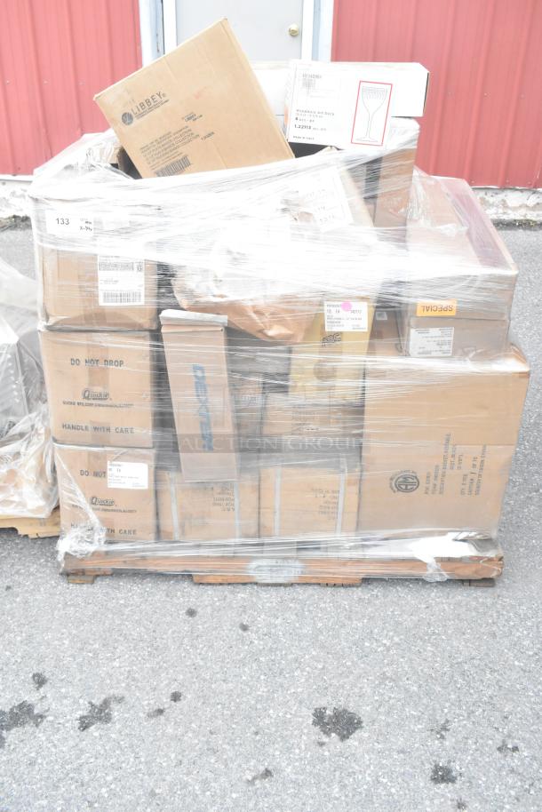 Pallet of 34 new scratch and dent items, including Rubbermaid container, American Metalcraft basket, boxed and shrink-wrapped.