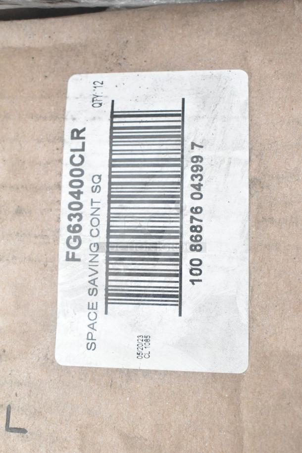 Label on cardboard showing FG630400CLR Rubbermaid 4 Qt. Clear Square Polycarbonate Food Storage Container, quantity 12.