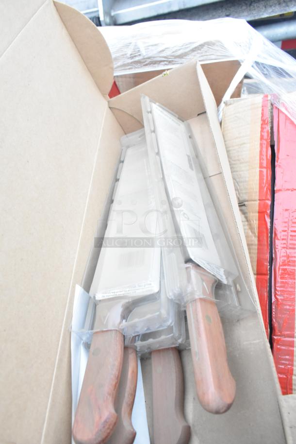 34 new scratch and dent items with wooden handles, factory packaged, featuring various kitchen utensils.