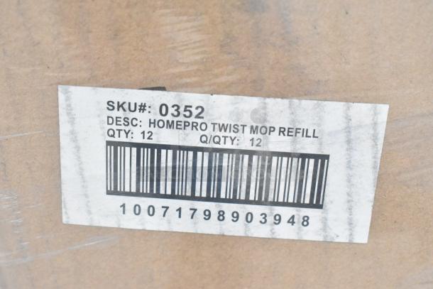 Label for HomePro Twist Mop Refill, SKU 0352, Quantity 12. Bar code displayed.