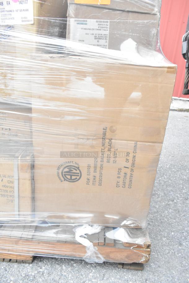 Auction lot with new scratch and dent items, including Rubbermaid container, American Metalcraft basket, utensils, plates.