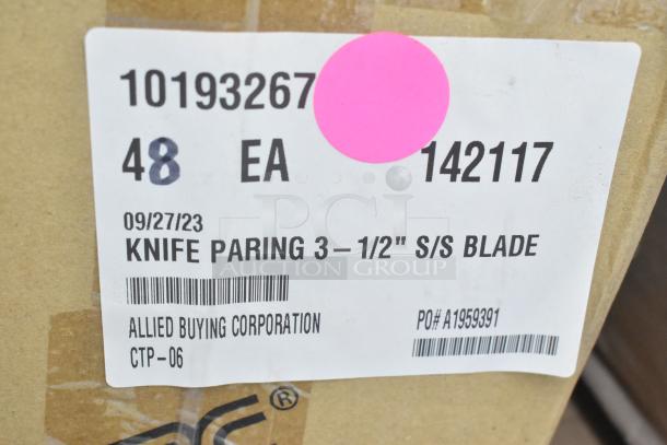 Label on package showing "Knife Paring 3-1/2” S/S Blade", 48 units, dated 09/27/23 by Allied Buying Corporation.