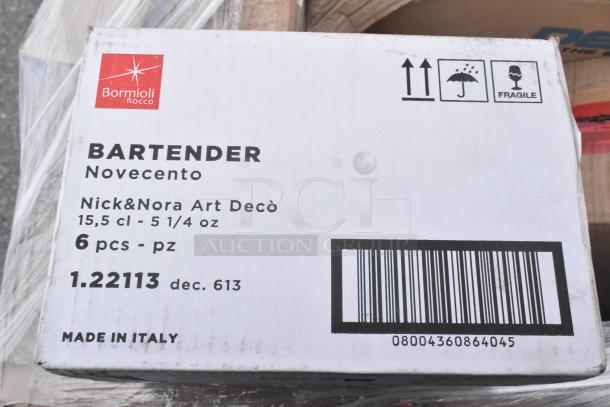 Box of Bormioli Rocco "Bartender Novecento" 6-piece Nick & Nora glasses, 5 1/4 oz, Made in Italy. Fragile handling marks visible.