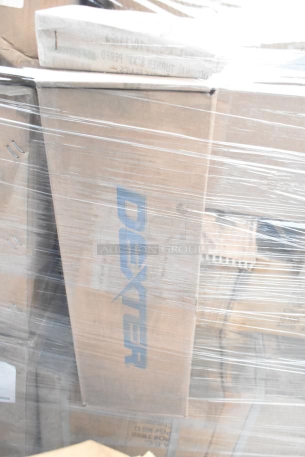 Pallet of 34 brand new scratch and dent items including Dexter slicers, Rubbermaid container, and Libbey plates in original packaging.