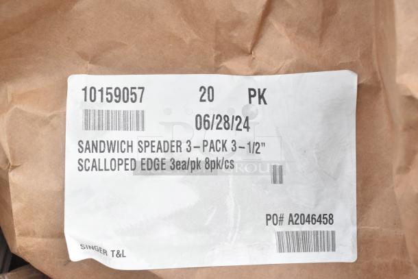 Label on brown packaging reading "Sandwich Spreader 3-Pack 3-1/2" Scalloped Edge" with barcode and product information.