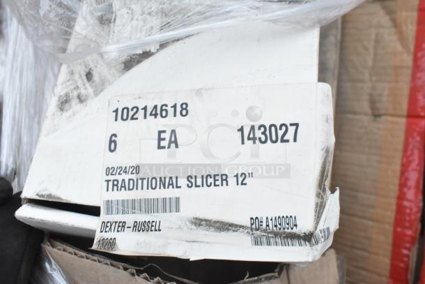 Label for Dexter-Russell Traditional Slicer 12". Includes item codes, purchase order number, and date. Box shows wear.