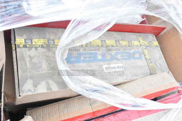 Box containing 34 new scratch and dent items like Rubbermaid container, display basket, salad fork, and Dexter slicer.