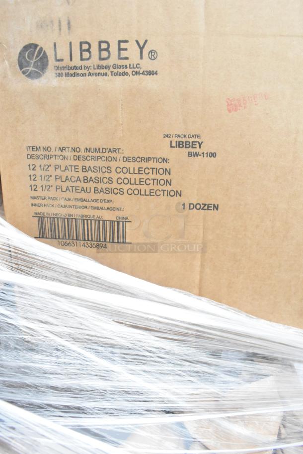 Libbey Basics Collection box labeled “12 1/2" Plates." Includes barcode and distributor details, wrapped in plastic.