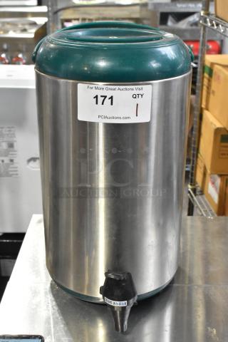 Stainless steel YM-1007 Beverage Dispenser with green lid and label. Durable condition, features a black spigot.