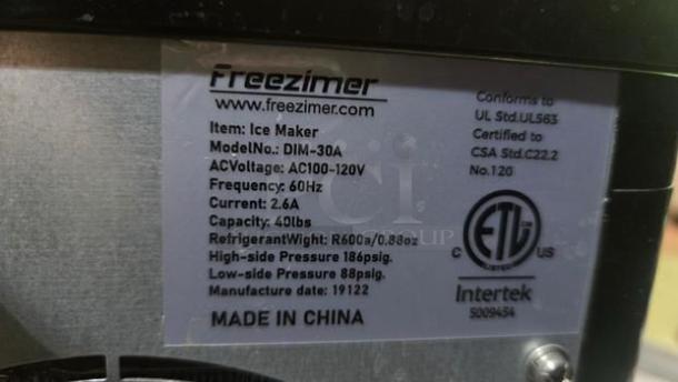 Freezimer Nugget Ice Maker label showing model DIM-30A, 40 lbs capacity, Wi-Fi enabled, UL certified, made in China.