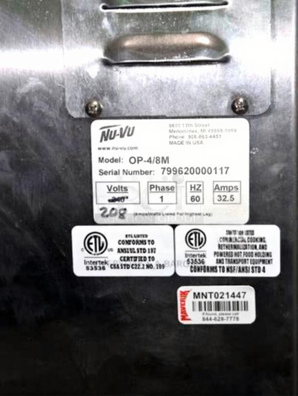 Nu-Vu OP-4/8M convection oven label showing model, serial number 79962000117, voltage 208V, 32.5 amps, ETL and NSF certifications.