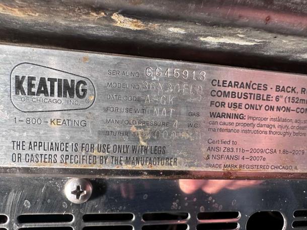 Keating Miraclean® 36" gas griddle label, model 36X30FLD, serial G645913, natural gas, manifold pressure 4 W.C., UL & NSF listed.