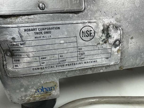 Hobart commercial meat slicer, NSF listed. Label shows make in Troy, Ohio, USA. Professional condition and fully tested.
