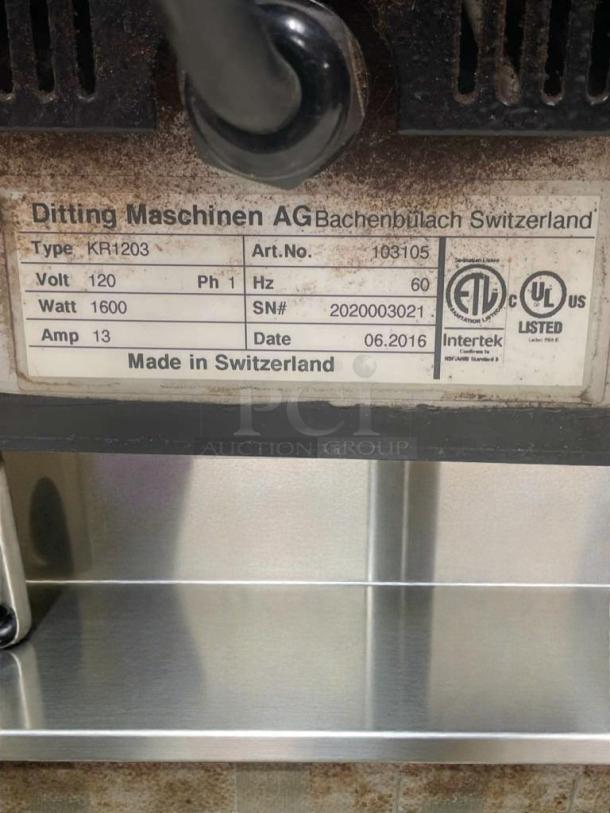 Swiss-made Ditting KR1203 commercial coffee grinder, model KR1203, 120V, ETL listed, excellent condition, fully tested.