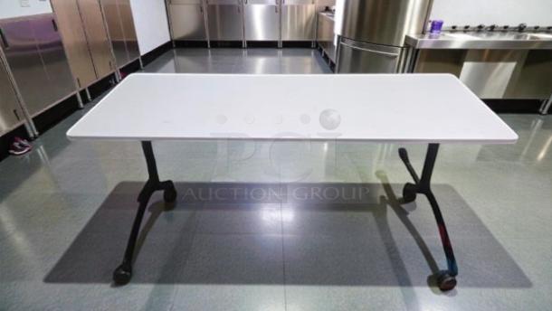 Commercial Institutional Furniture Flip-Top Training Table, 6 ft, rolling mobile frame, excellent condition, fully inspected.