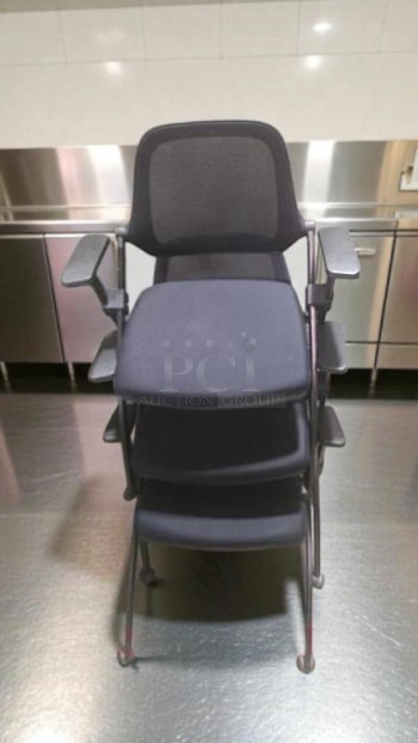 Stackable training chair with arms, sled base; 3 available. Commercial Institutional Furniture, inspected, ready for use.