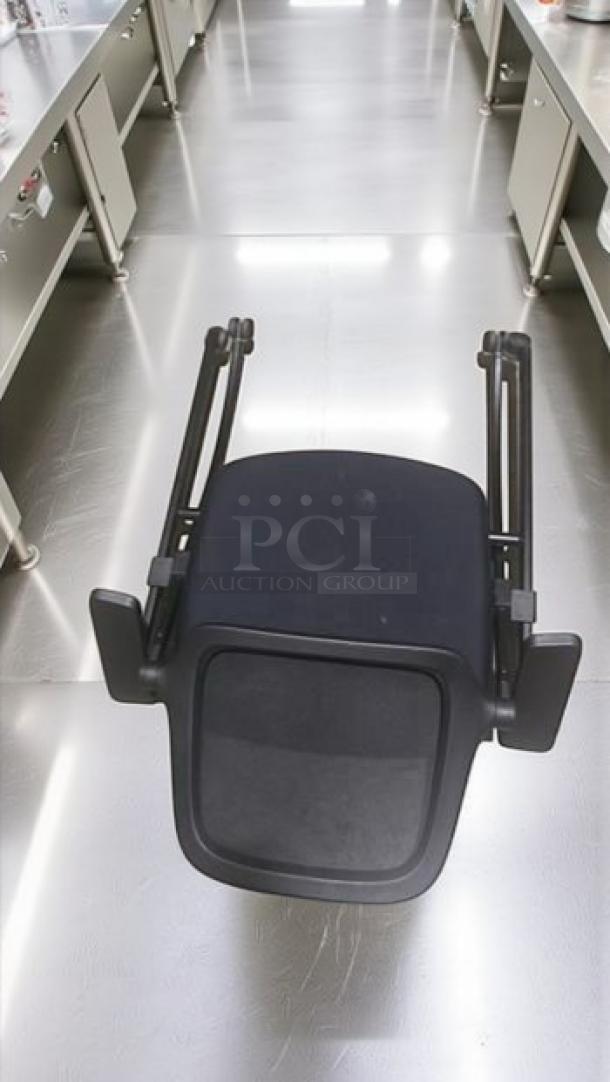 Commercial Institutional Furniture stackable training chair with arms, sled base, inspected, ready for use.
