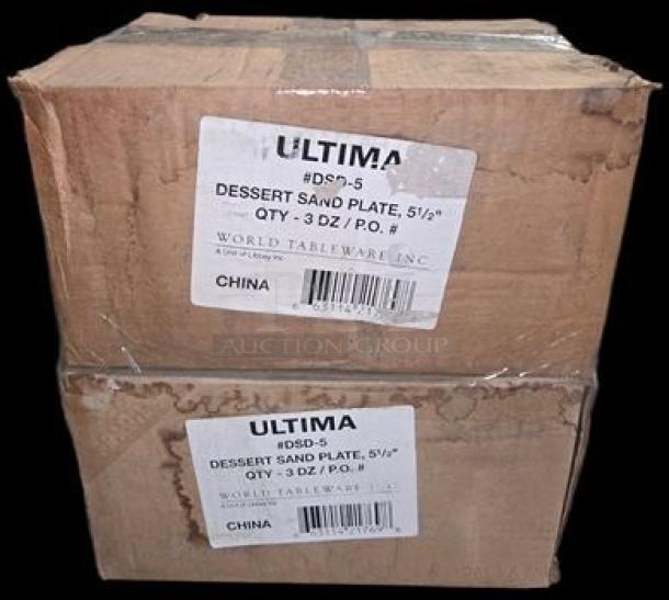 Factory-sealed boxes of World Tableware Ultima DSD-5 Dessert Sand Plates, 5 1/4", 72 plates total, restaurant grade.